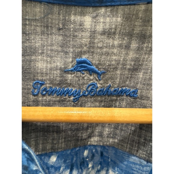 TOMMY BAHAMA Size L Palm Fronds Hawaiian Camp Shirt Blue - Picture 2 of 4